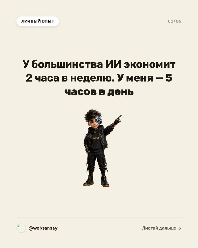 Обложка карусели с маскотом: «У большинства ИИ экономит 2 часа в неделю»