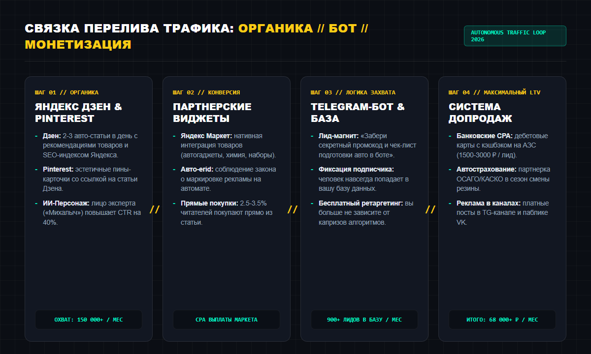 Схема сквозного перелива трафика: Яндекс Дзен, Pinterest, партнерки и Telegram-бот