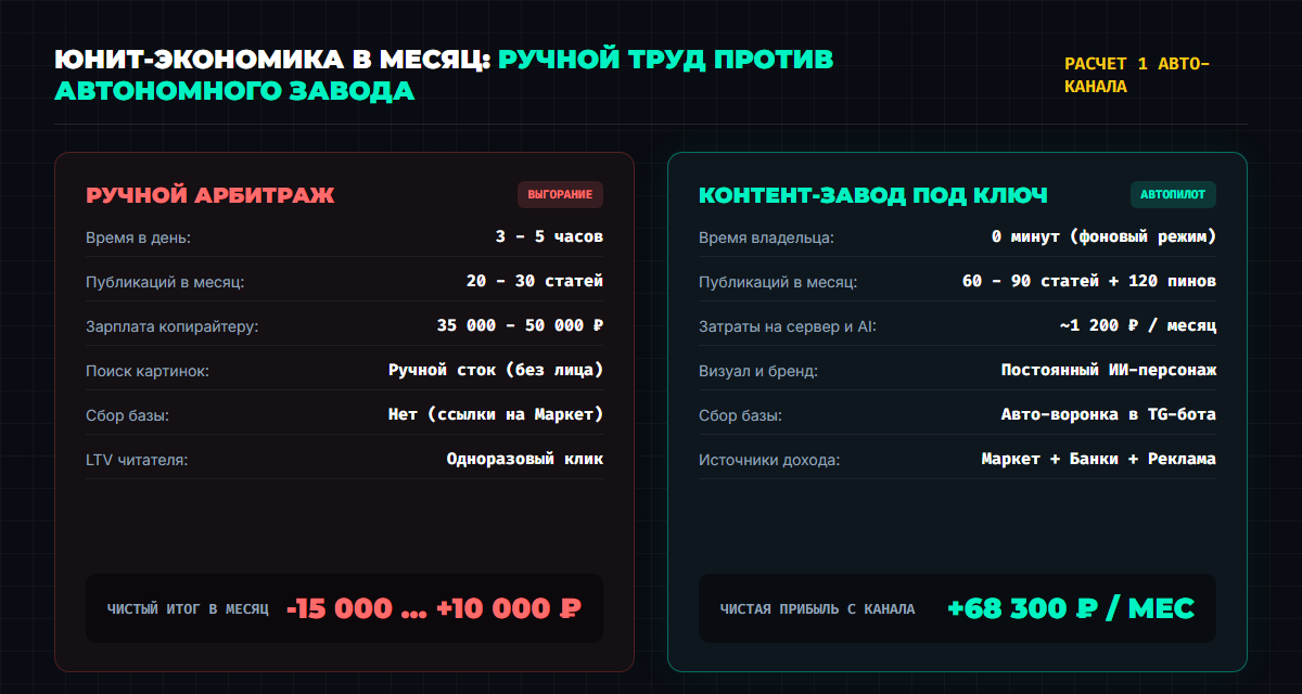 Сравнение экономики ручного арбитража и автоматического контент-завода