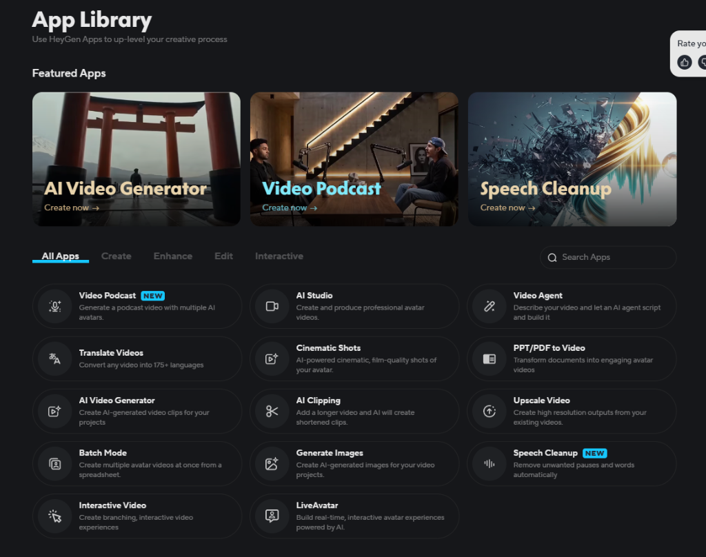 Библиотека приложений HeyGen App Library: Video Podcast, AI Studio, Video Agent, Translate Videos и другие