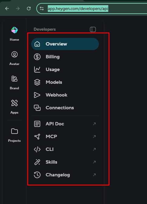 Меню разработчика HeyGen: Overview, Billing, Usage, Models, Webhook, Connections, API Doc, MCP, CLI, Skills