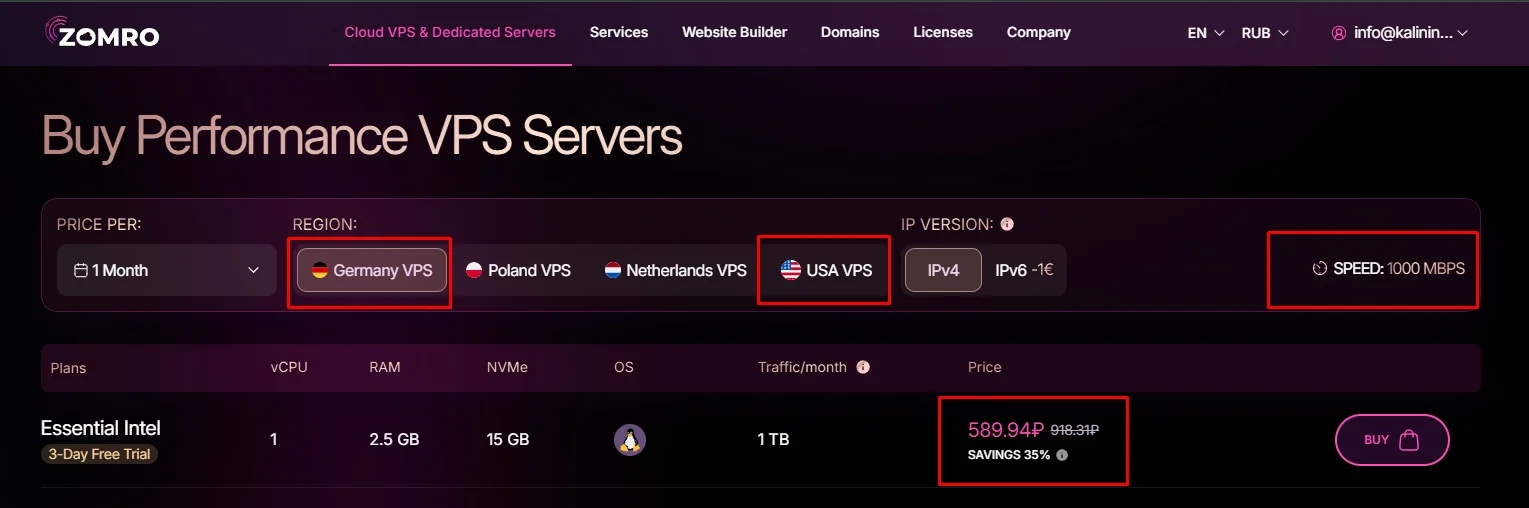 Выбор тарифа Zomro Premium Cloud VPS