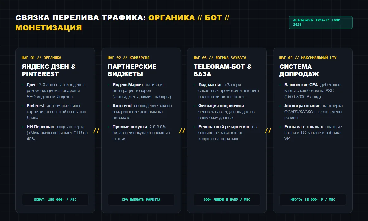 Схема сквозного перелива трафика: Яндекс Дзен, Pinterest, партнерки и Telegram-бот