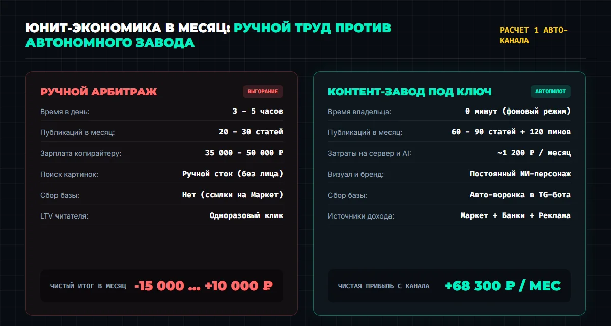 Сравнение экономики ручного арбитража и автоматического контент-завода
