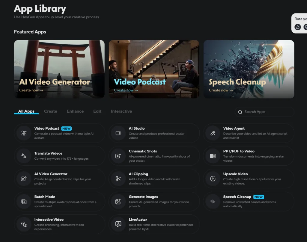 Библиотека приложений HeyGen App Library: Video Podcast, AI Studio, Video Agent, Translate Videos и другие