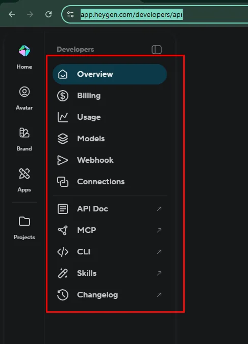 Меню разработчика HeyGen: Overview, Billing, Usage, Models, Webhook, Connections, API Doc, MCP, CLI, Skills