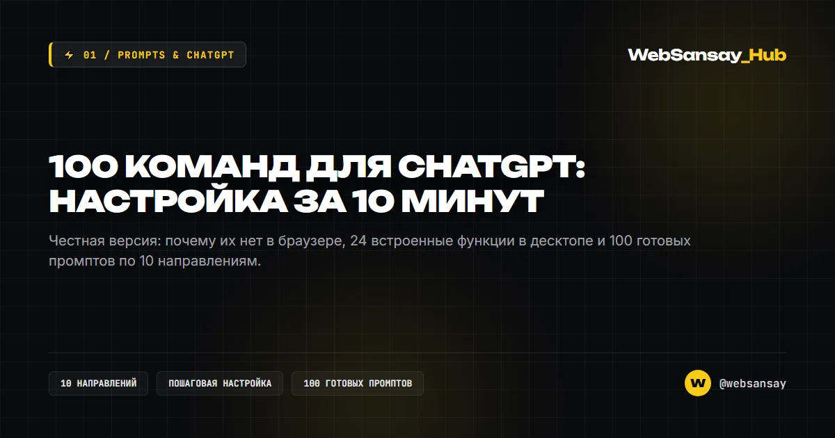 100 команд для ChatGPT: Честная версия, настройка за 10 минут и 100 готовых промптов
