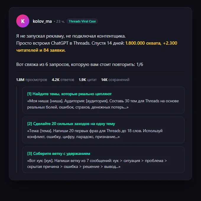 Скриншот вирального треда про 6 промптов для Threads